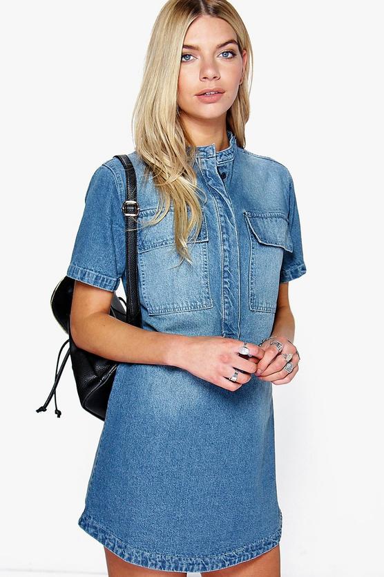 Sofia Short Sleeve Utility Denim Shirt Dress